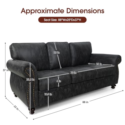 Mid-Century 3-Seater Sofa with Rivet Design, Removable Cover and Solid Wood Frame I150