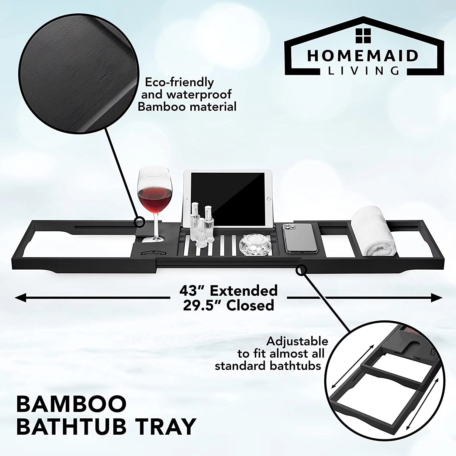 Bamboo Bathtub Tray Expandable Caddy with Tablet Holder (Black) K8281