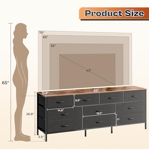 Huuger 63 Inch Dresser with 10 Fabric Drawers, Rustic Brown M836
