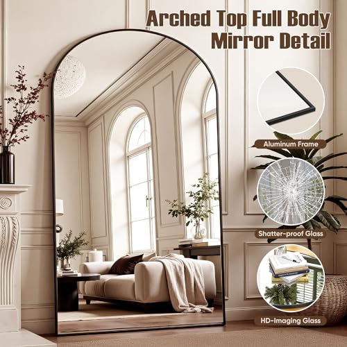 78" Oversized Arched Floor Mirror with Stand, Aluminum Frame, Black N18643