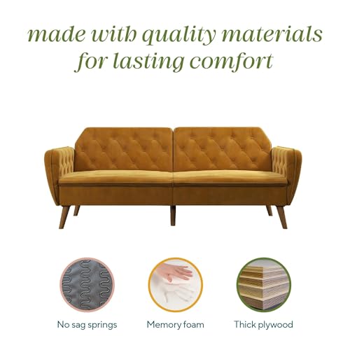 Novogratz Tallulah Memory Foam Futon Convertible Couch, Camel Faux Leather F5939