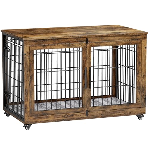Lulive Dog Crate Furniture for Medium Dogs, 32" Wooden Kennel with Cushion & Wheels, Grey D230281