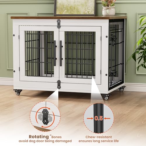 Lulive Dog Crate Furniture for Medium Dogs, 32" Wooden Kennel with Cushion & Wheels, Grey D230281