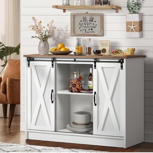 4 EVER WINNER Coffee Bar Cabinet with Sliding Barn Doors, 42" Sideboard Buffet, Espresso O37010