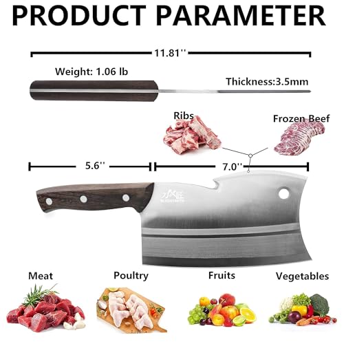 BLADESMITH Meat Cleaver Bone Chopper Knife, 6.3'' Stainless Steel Blade with Pear Wood Handle Q434