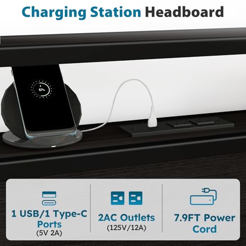 Full Size Bed Frame with Headboard, LED Lights, 4 Storage Drawers, Charging Station, Black C93321
