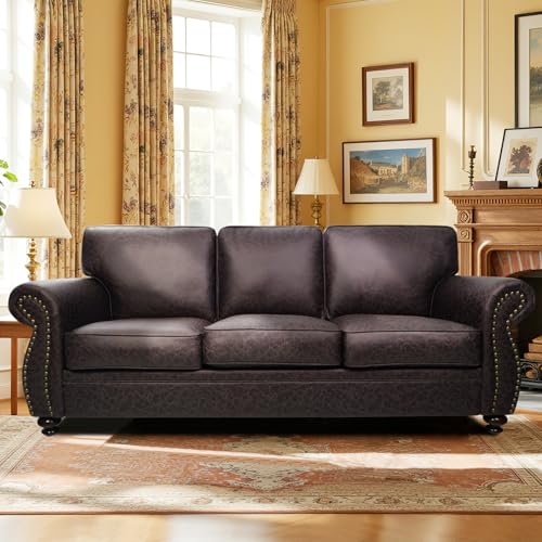Mid-Century 3-Seater Sofa with Rivet Design, Removable Cover and Solid Wood Frame I150