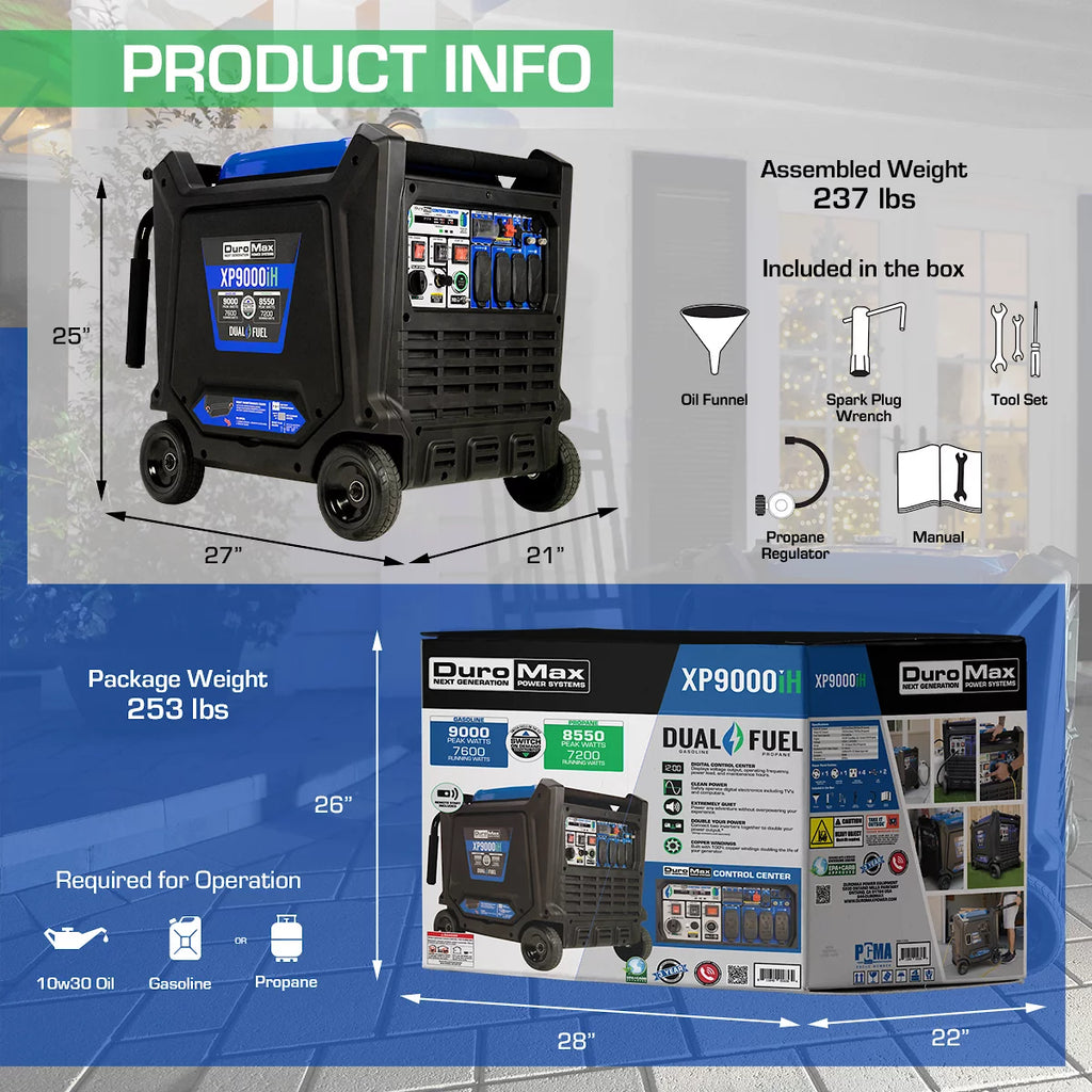 DuroMax XP9000iH 9,000 Watt Portable Dual Fuel Inverter Generator G4349
