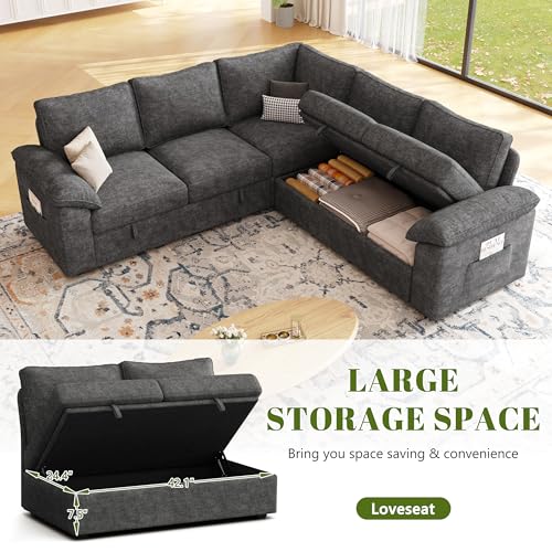 108 Inch U-Shaped Sectional Sleeper Sofa with Pull Out Bed, Dark Grey J60928