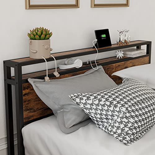 LIKIMIO King Bed Frame with Storage Headboard and Charging Station, Vintage Brown X317