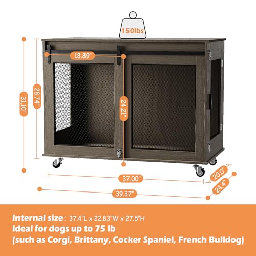 LINLUX 47 Inch XL Wooden Dog Crate Furniture with Sliding Doors and Wheels V980