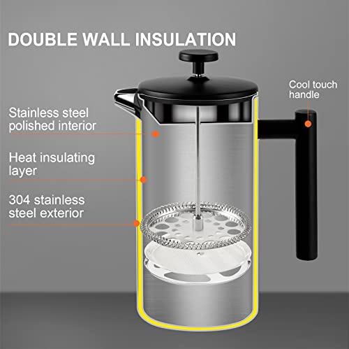 Secura French Press Coffee Maker, 34oz Stainless Steel Insulated, Silver W447