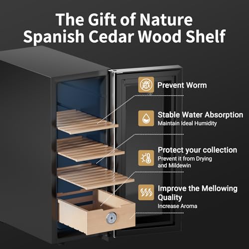 KingChii 16L Electric Cigar Humidor Cabinet with Temperature Control and Spanish Cedar Shelves H300