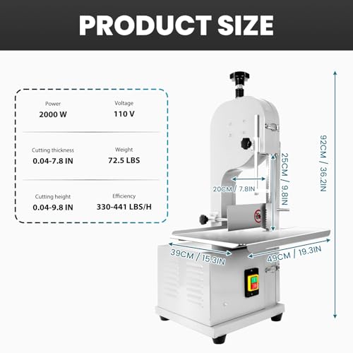 1500W Electric Meat Bone Saw, Stainless Steel Tabletop Bandsaw with 6 Blades D1604