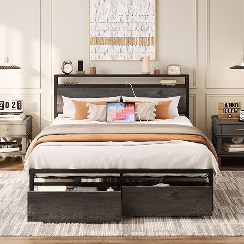 LIKIMIO King Bed Frame with Storage Headboard and Charging Station, Vintage Brown X317