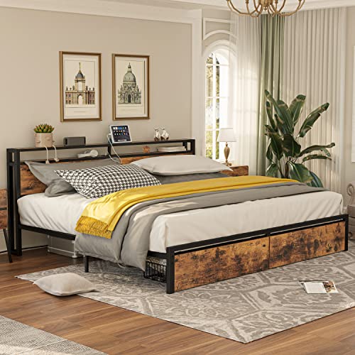 LIKIMIO King Bed Frame with Storage Headboard and Charging Station, Vintage Brown X317