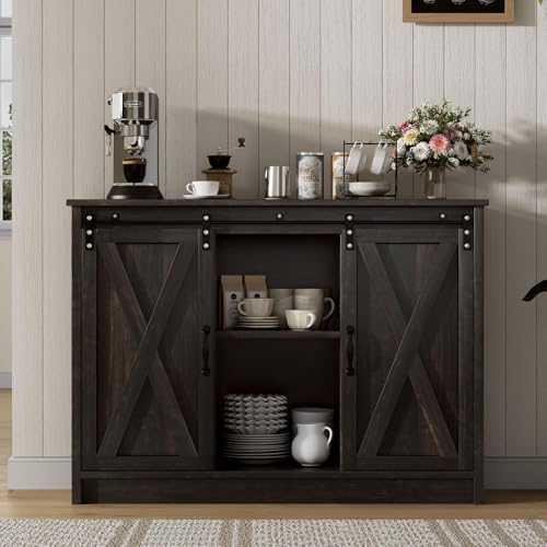 4 EVER WINNER Coffee Bar Cabinet with Sliding Barn Doors, 42" Sideboard Buffet, Espresso O37010