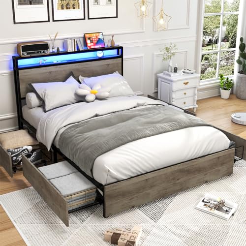 Full Size Bed Frame with Headboard, LED Lights, 4 Storage Drawers, Charging Station, Black C93321