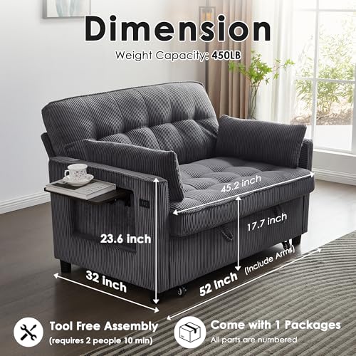 Corduroy Sleeper Sofa Bed with USB Port and Side Pockets, Beige I998