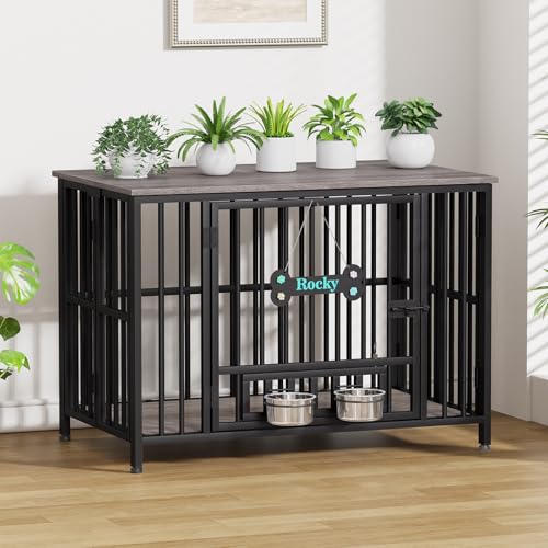 Easycom 41" Foldable Dog Crate Furniture with Adjustable Bowls, Rustic Brown M74490