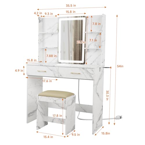 White Vanity Set with Lighted Mirror, Drawers and Stool V52922