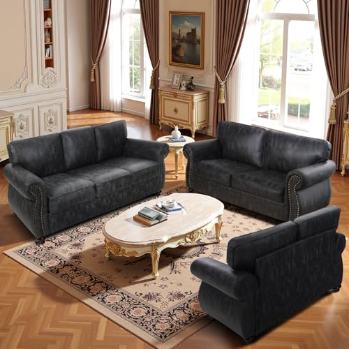 Mid-Century 3-Seater Sofa with Rivet Design, Removable Cover and Solid Wood Frame I150