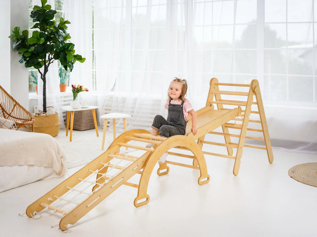 Montessori Wooden Foldable Indoor Playground with Climbing Arch, Slide Board & Spider Net for Kids K504037