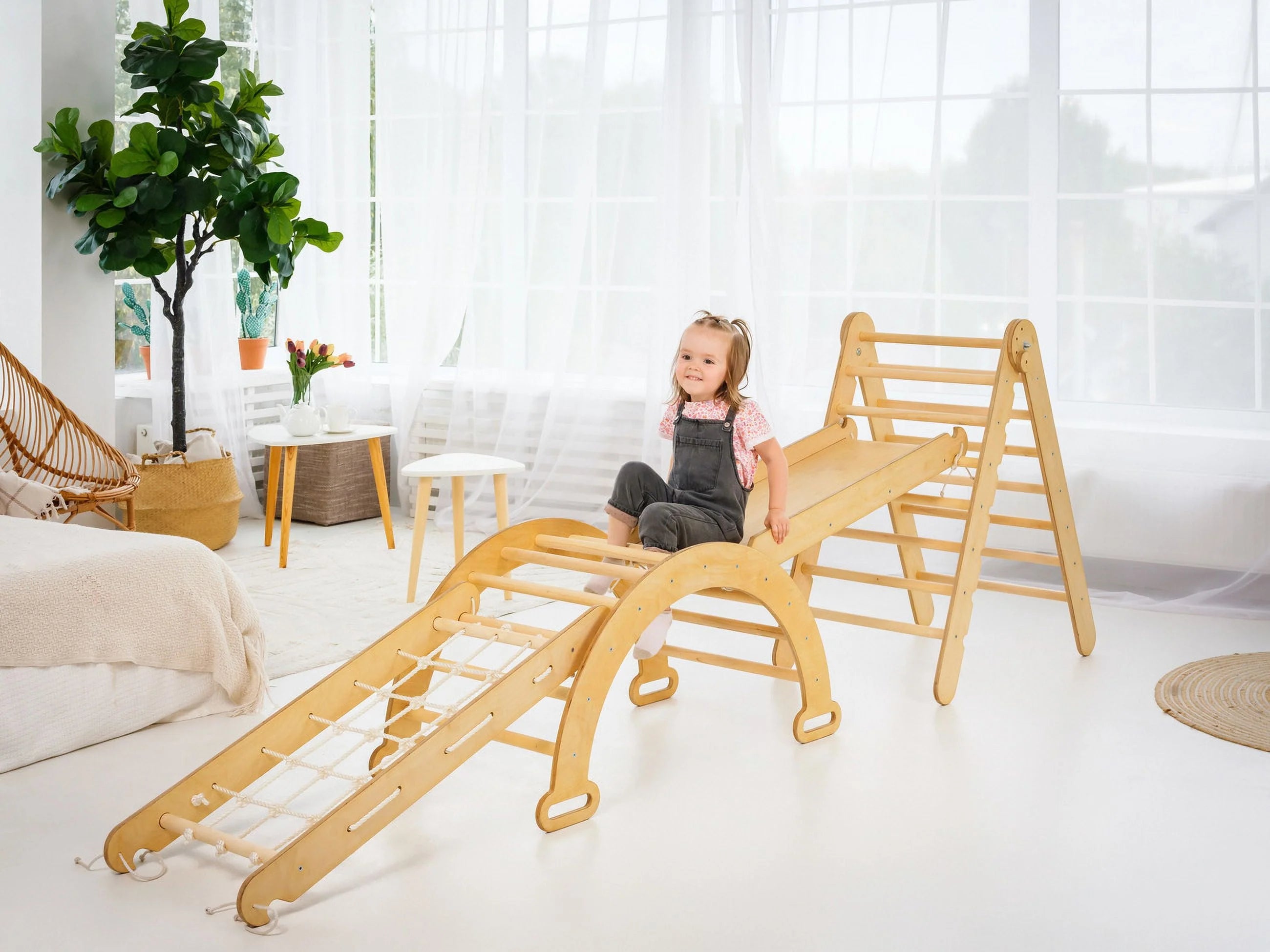 Montessori Wooden Foldable Indoor Playground with Climbing Arch, Slide Board & Spider Net for Kids K504037