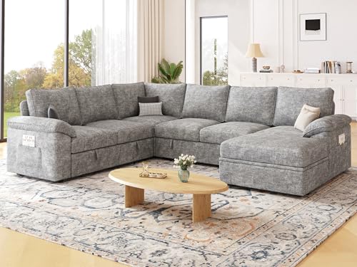 108 Inch U-Shaped Sectional Sleeper Sofa with Pull Out Bed, Dark Grey J60928