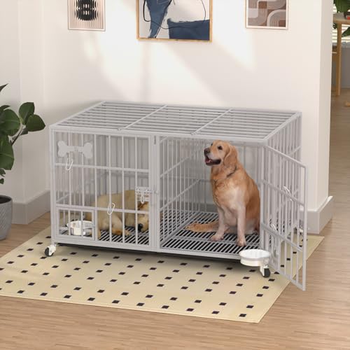 aboxoo 42/48 inch Heavy Duty Metal Dog Crate for Large Dogs with Wheels and Tray M5685