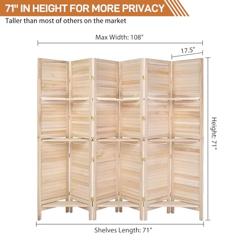 Bonnlo 6 Panel Wood Room Divider with Shelves, 6 FT Folding Privacy Screen T6528