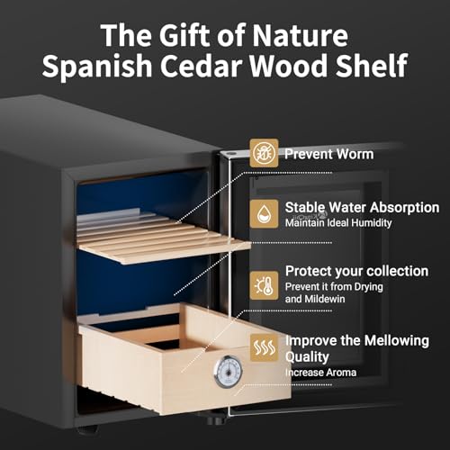 KingChii 16L Electric Cigar Humidor Cabinet with Temperature Control and Spanish Cedar Shelves H300