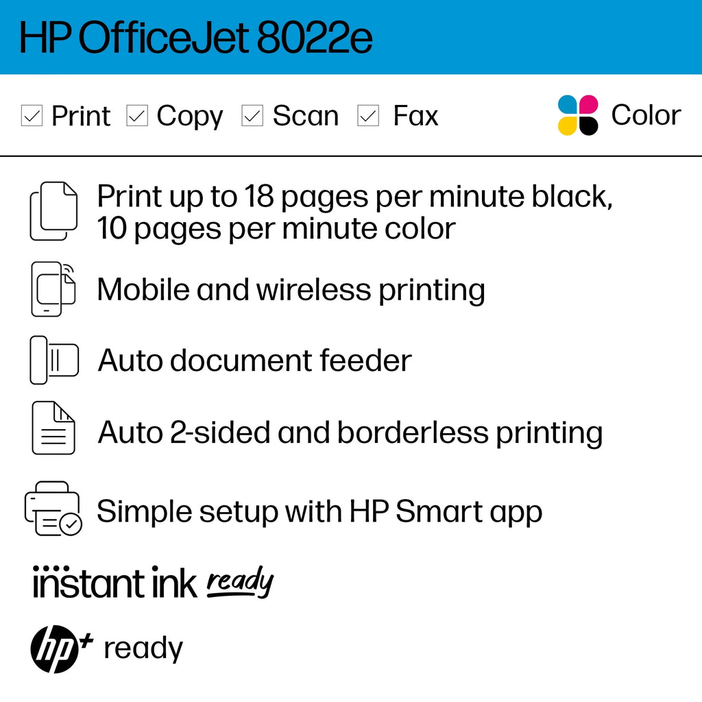 HP OfficeJet 8022e All-in-One Wireless Color Inkjet Printer F140787