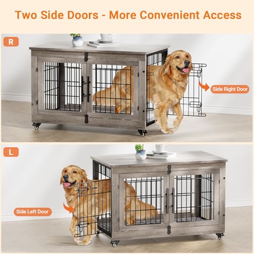 Lulive Dog Crate Furniture for Medium Dogs, 32" Wooden Kennel with Cushion & Wheels, Grey D230281