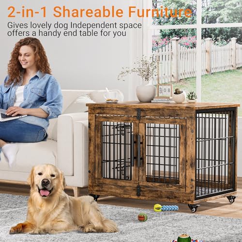 Lulive Dog Crate Furniture for Medium Dogs, 32" Wooden Kennel with Cushion & Wheels, Grey D230281