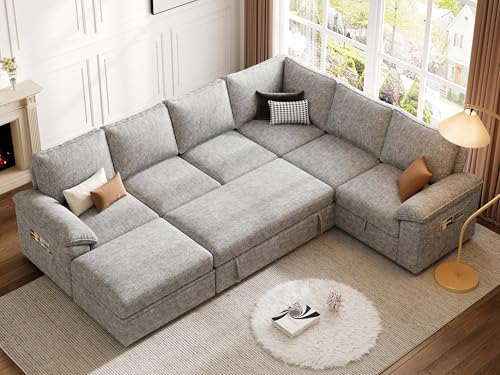108 Inch U-Shaped Sectional Sleeper Sofa with Pull Out Bed, Dark Grey J60928