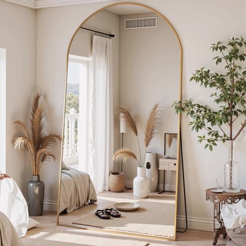 78" Oversized Arched Floor Mirror with Stand, Aluminum Frame, Black N18643