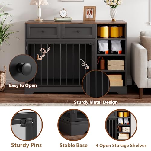 IDEALHOUSE 47" Large Dog Crate Furniture with 2 Drawers, Wooden Kennel for Medium Large Dogs, Black W8906