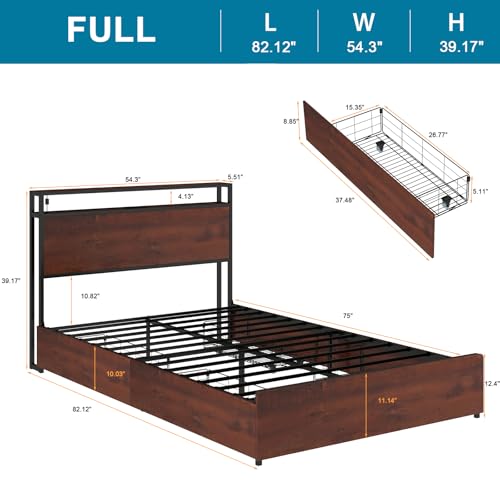 Queen Size Bed Frame with 4 Storage Drawers, LED, Charging Station, Gray L1115