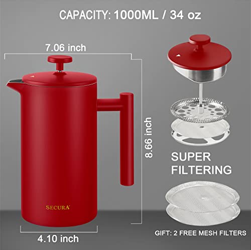 Secura French Press Coffee Maker, 34oz Stainless Steel Insulated, Silver W447