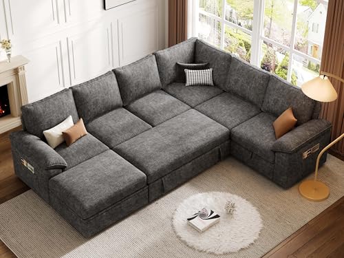 108 Inch U-Shaped Sectional Sleeper Sofa with Pull Out Bed, Dark Grey J60928