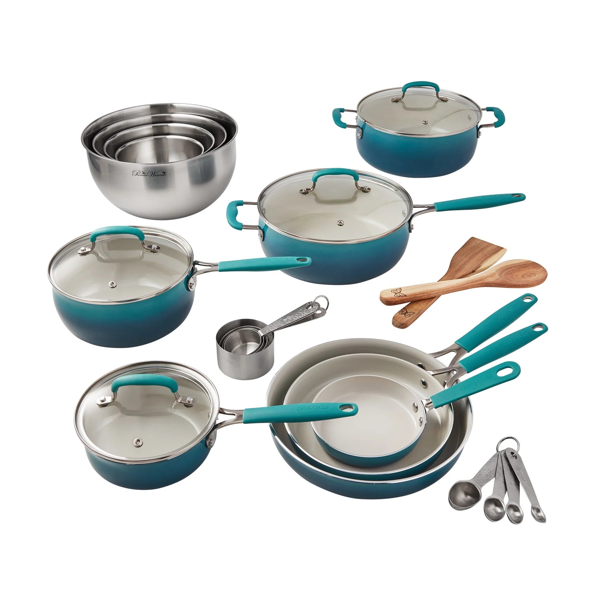 The Pioneer Woman 25 Piece Ceramic Nonstick Cookware Set, Ombre Teal T370