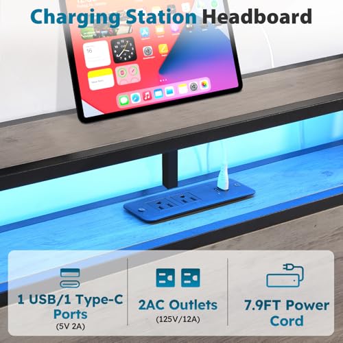 Full Size Bed Frame with Headboard, LED Lights, 4 Storage Drawers, Charging Station, Black C93321