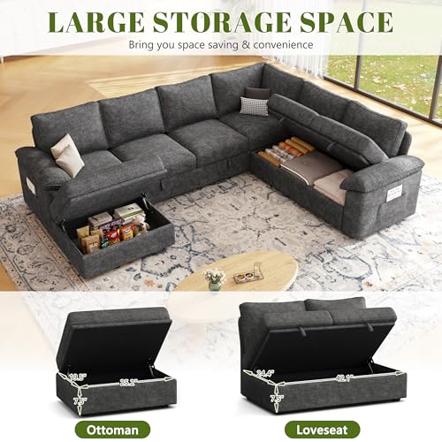108 Inch U-Shaped Sectional Sleeper Sofa with Pull Out Bed, Dark Grey J60928
