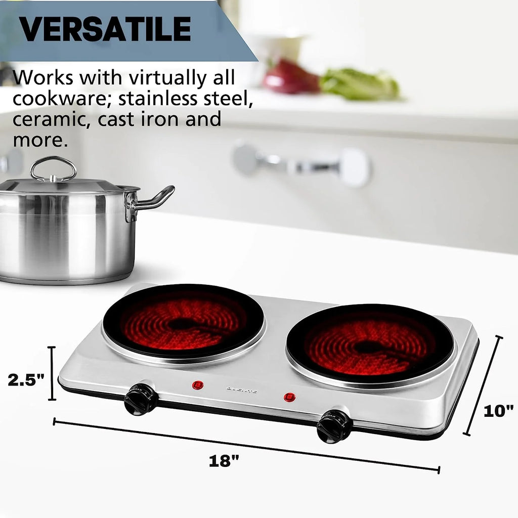 OVENTE Countertop Infrared Double Burner 1500W Electric Hot Plate, Silver V553987