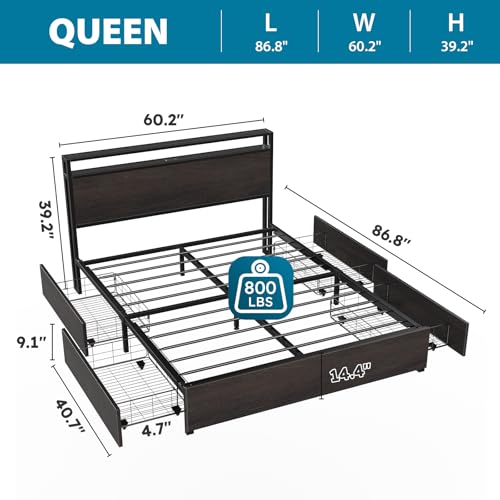 Full Size Bed Frame with Headboard, LED Lights, 4 Storage Drawers, Charging Station, Black C93321