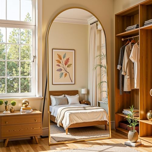78" Oversized Arched Floor Mirror with Stand, Aluminum Frame, Black N18643