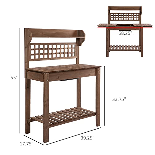 Outsunny Wooden Potting Bench Table with Sliding Tabletop and Storage Shelf M52235