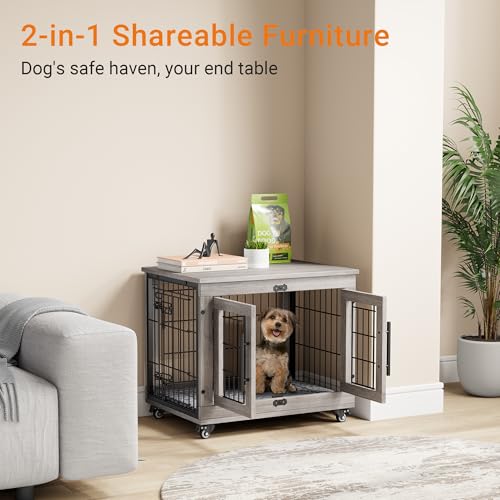 Lulive Dog Crate Furniture for Medium Dogs, 32" Wooden Kennel with Cushion & Wheels, Grey D230281