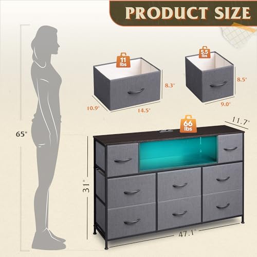 WLIVE Dresser for Bedroom with Charging Station and LED Lights, 8 Drawer R754